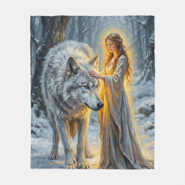 Couverture Polaire Déesse de l'hiver & Loup Blanc (Devant)
