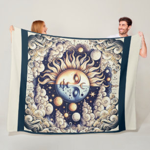 Couverture Polaire Demi-soleil céleste vintage et bleu lune jaune