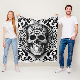 Couverture Polaire Dentelle souriante noire et blanche Crâne gothique