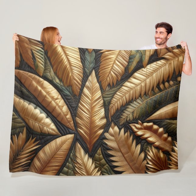 Couverture Polaire Design Feuille Tropical Or Quilé (En situation)