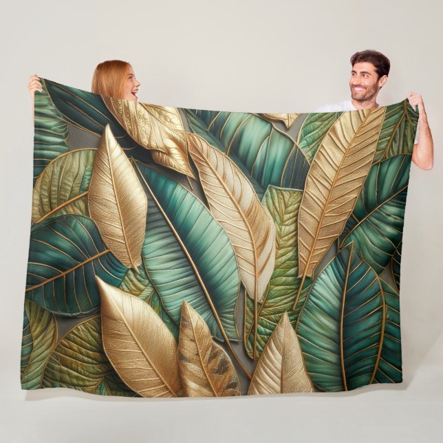 Couverture Polaire Design Feuille Tropical Vert Or Quilé (En situation)