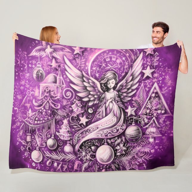 Couverture Polaire Dessin au pastel dur ange de Noël violet (En situation)