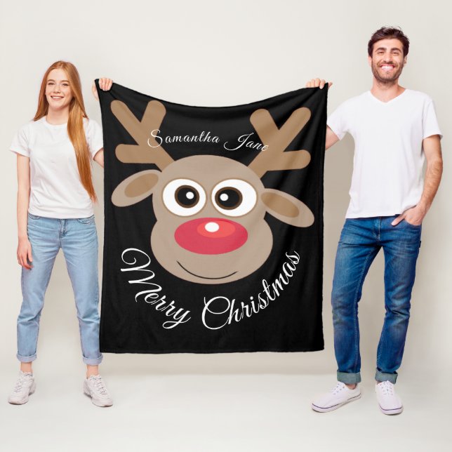 Couverture Polaire Dessin de Noël Reindeer Nom Script blanc noir (En situation)