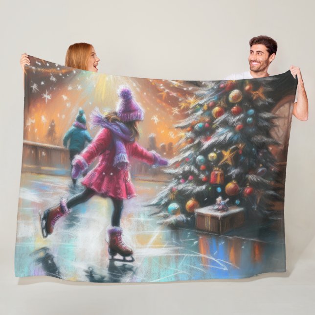 Couverture Polaire Dessin dur Pastel Patinage sur glace de Noël (En situation)