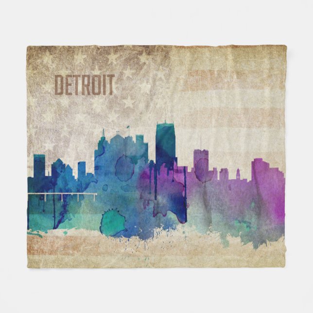 Couverture Polaire Detroit, horizon de ville d'aquarelle de MI | (Devant (Horizontal))