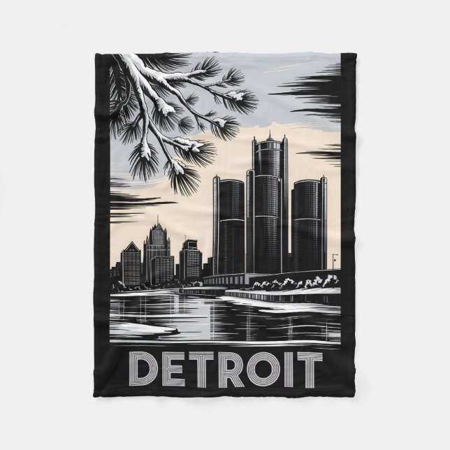 Couverture Polaire Detroit Skyline Black and White Woodcut Winter (Devant)