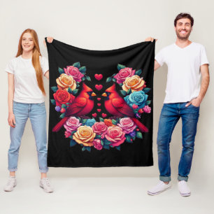 Couverture Polaire Deux cardinaux aux Roses et aux coeurs colorés
