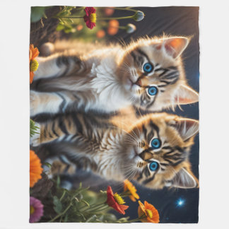 Couverture Polaire deux chatons assis avec des fleurs colorées