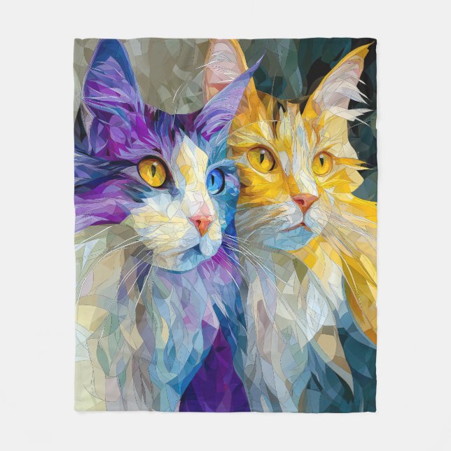 Couverture Polaire Deux chats violets et jaunes (Devant)