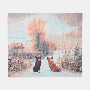 Couverture Polaire Deux Corgis dans la neige