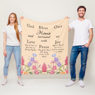 Couverture Polaire Dieu bénisse notre maison Beige Floral Fleurs sauv