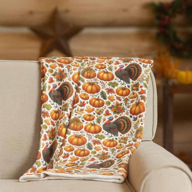 Couverture Polaire Dinde festive et décoration d'automne de citrouill (cozy fleece blanket with pumpkins and turkey print on white )