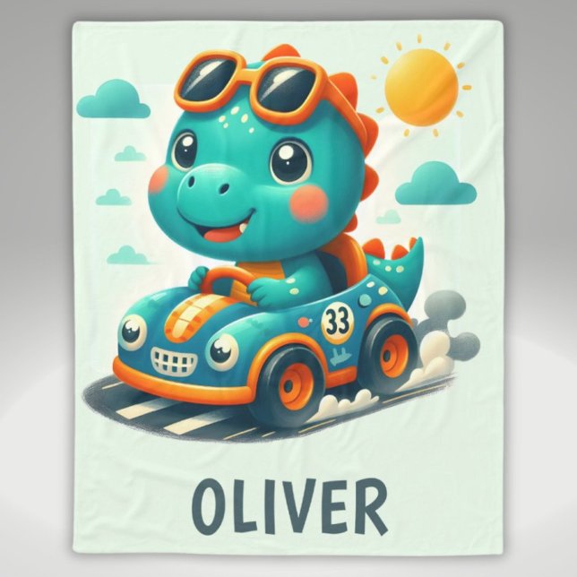 Couverture Polaire Dinosaure de course mignon dans une voiture (Créateur téléchargé)