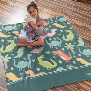 Couverture Polaire Dinosaure Motif Bleu Monogramme Enfant Garçon