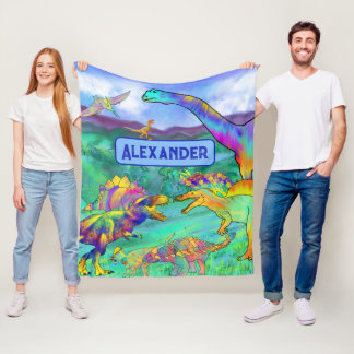 Couverture Polaire Dinosaures coloré bleu personnalisé