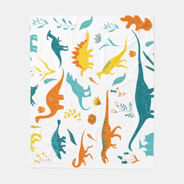 Couverture Polaire Dinosaures stylisés, éléments floraux, mignons. (Devant)