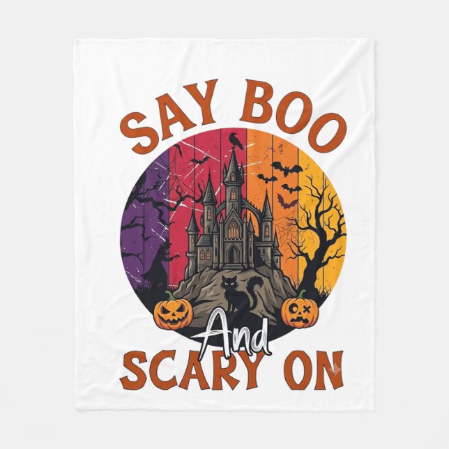 Couverture Polaire Dis Boo Halloween effrayant Maison hantée Chat noi (Devant)