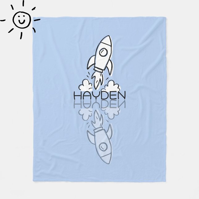 Couverture Polaire Doodle de fusée bleue mignonne avec nom personnali (Créateur téléchargé)