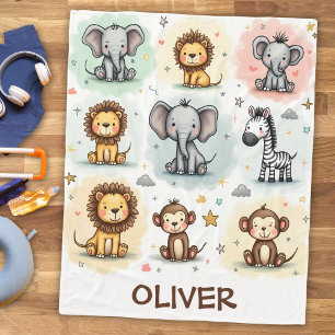 Couverture Polaire Doodles d'animaux de safari à l'aquarelle fantaisi