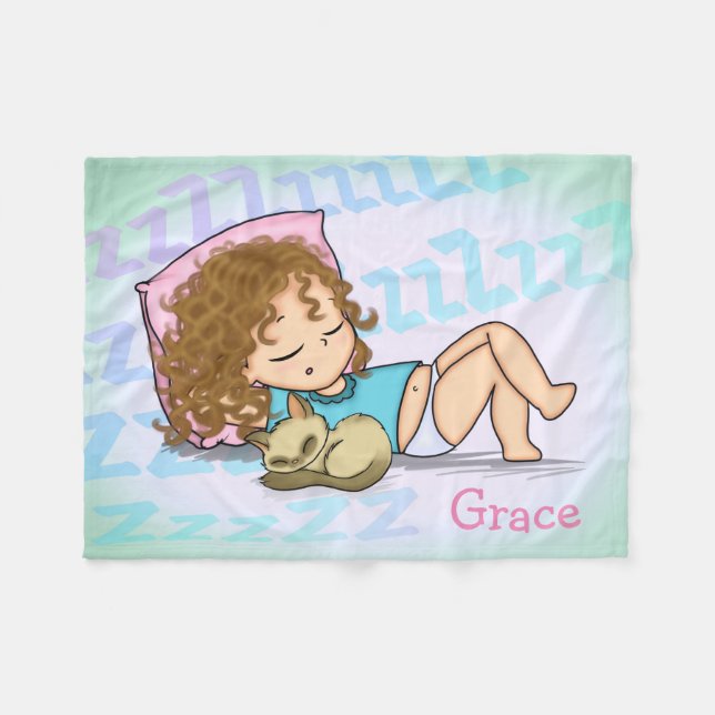 Couverture Polaire Dormir la fille avec chat (Devant (Horizontal))