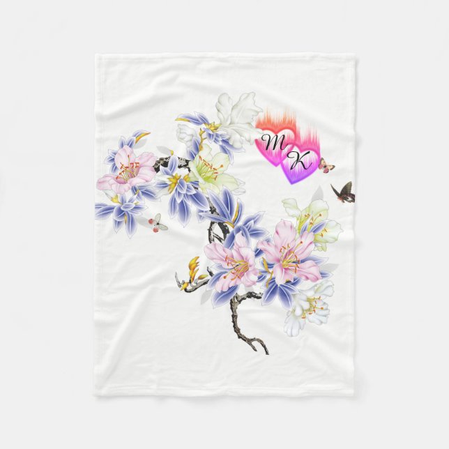 Couverture Polaire Double Coeurs flamboyants Monogrammes avec Fleurs (Devant)