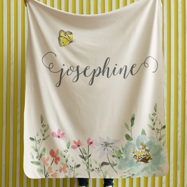 Couverture Polaire Douce aquarelle Floral Butterfly Girl Custom (Baby girl floral personalized blanket.)