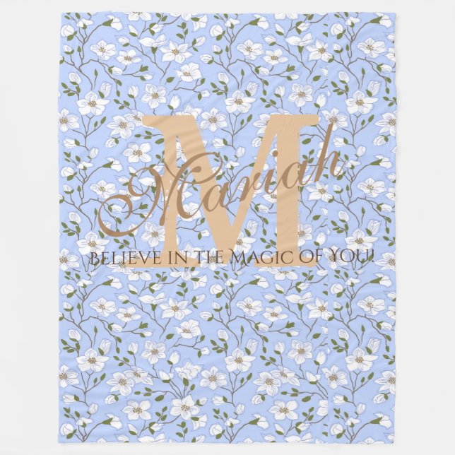Couverture Polaire Douce Bébé Bleu Blanc Motif Floral Nom Monogramme (Devant)