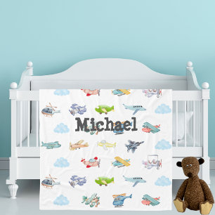 Couverture Polaire Douce Fête de Naissance Garçon Aquarelle Avions Nu