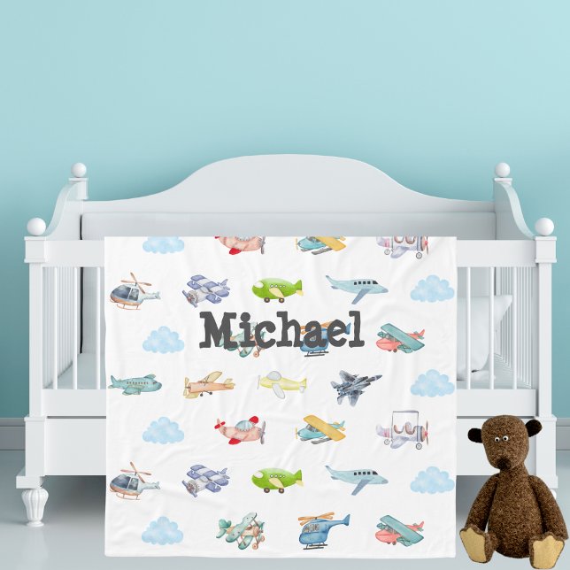 Couverture Polaire Douce Fête de Naissance Garçon Aquarelle Avions Nu (Créateur téléchargé)