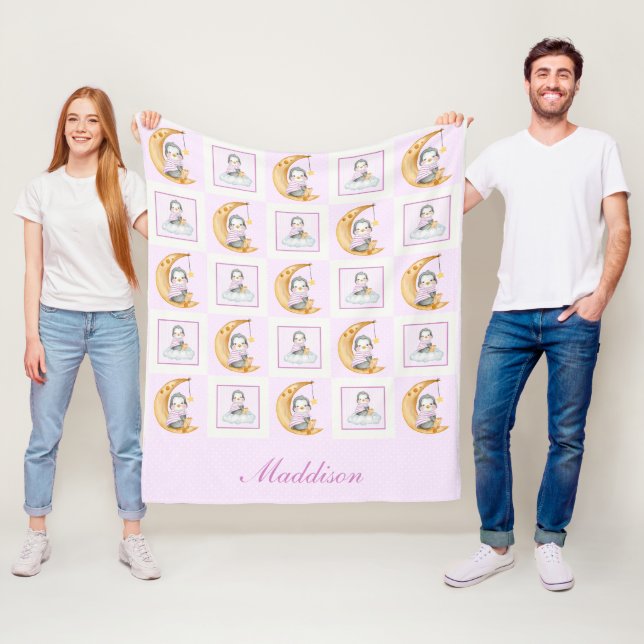 Couverture Polaire Douce Lune Bébé Pingouin Rose  (En situation)