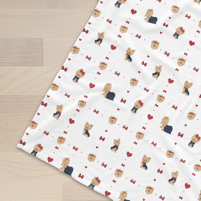 Couverture Polaire Douces Yorkies Nœuds et Cœurs - Blanc - (Créateur téléchargé)