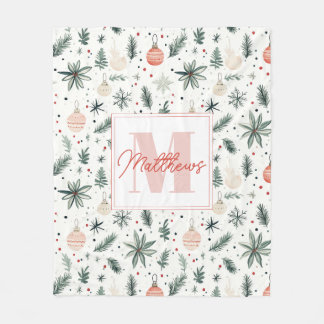 Couverture Polaire Doux Aquarelle Noël Verdure Monogramme
