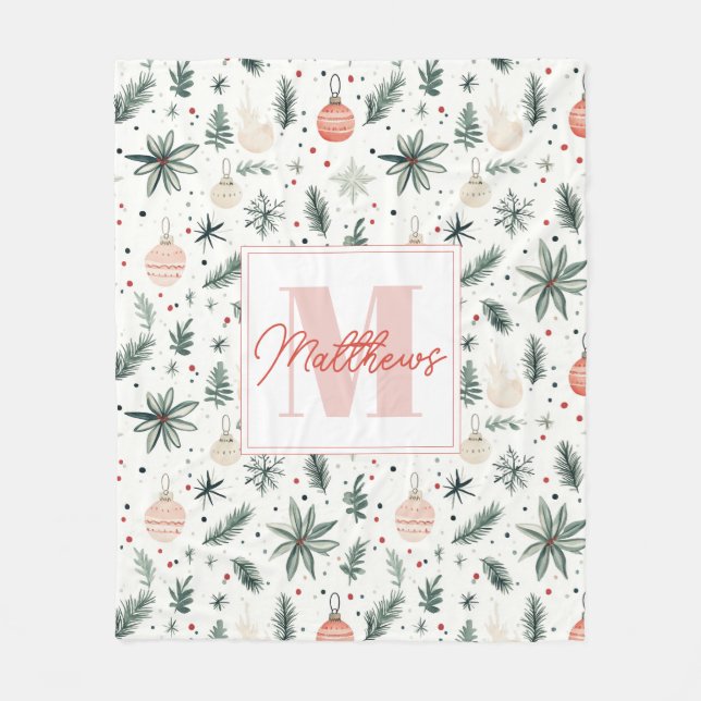 Couverture Polaire Doux Aquarelle Noël Verdure Monogramme (Devant)