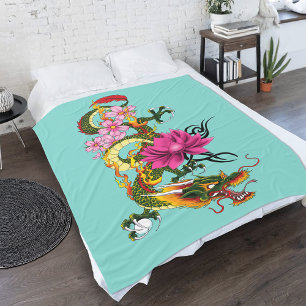 Couverture Polaire Dragon Chinois Fleurs de Cerisier Lotus