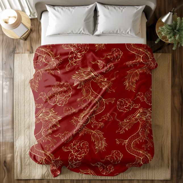 Couverture Polaire Dragon Chinois Or et Rouge Foncé (Créateur téléchargé)