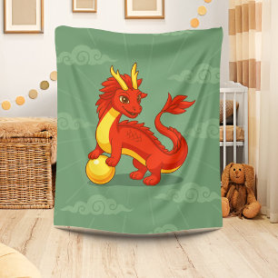 Couverture Polaire Dragon Chinois Rouge sur Fond Vert