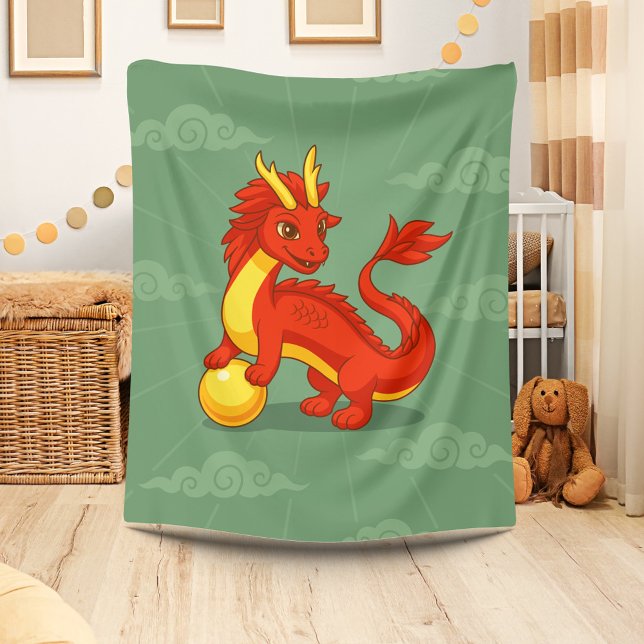 Couverture Polaire Dragon Chinois Rouge sur Fond Vert (Créateur téléchargé)