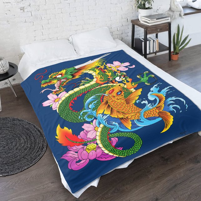Couverture Polaire Dragon chinois vert Koi (Créateur téléchargé)