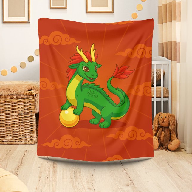 Couverture Polaire Dragon Chinois Vert sur Fond Rouge (Créateur téléchargé)
