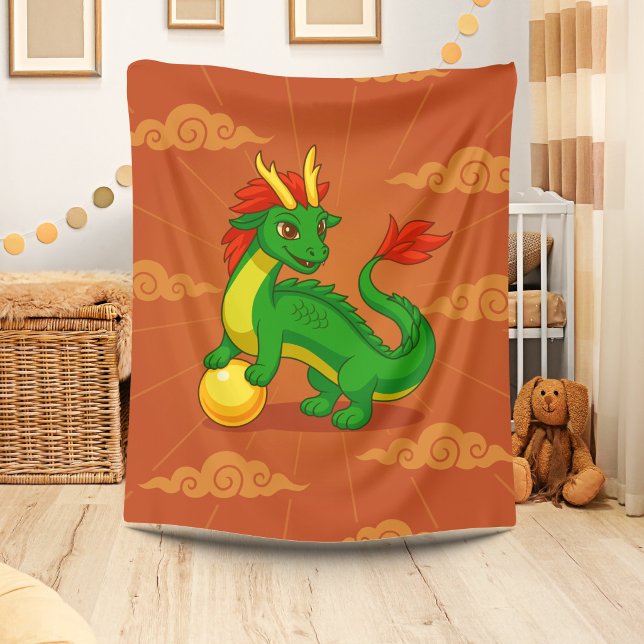 Couverture Polaire Dragon Chinois Vert sur Fond Rouge (Créateur téléchargé)