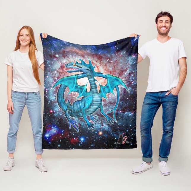 Couverture Polaire Dragon cosmique Turquoise (En situation)