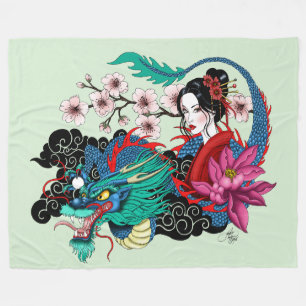 Couverture Polaire Dragon Géisha Asiatique Cerisiers en Fleur Bleu