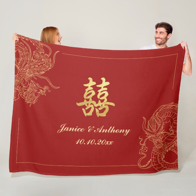 Couverture Polaire Dragon Phoenix traditionnel Mariage chinois rouge  (En situation)