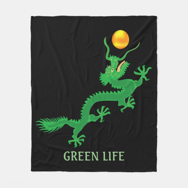 Couverture Polaire Dragon Vert avec Balle de Soleil Doré sur Fond Noi (Devant)