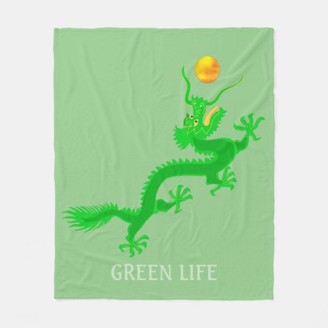 Couverture Polaire Dragon vert avec boule de soleil doré sur vert (Devant)