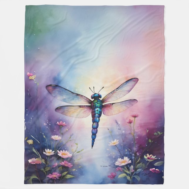 Couverture Polaire Dragonfly with Flowers Purple Watercolor (Devant)
