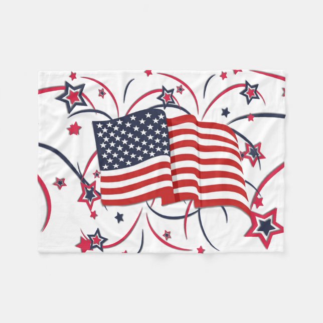 Couverture Polaire Drapeau américain et feux d'artifice (Devant (Horizontal))