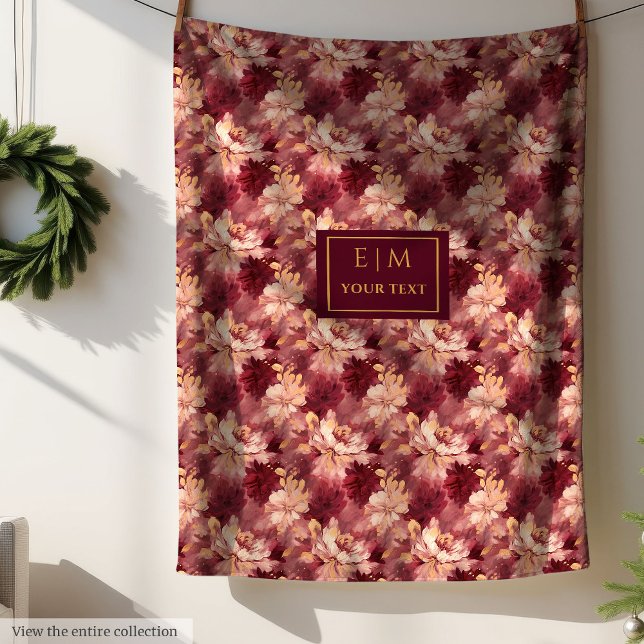 Couverture Polaire Dreamy Blush Burgundy Gold Personnalisé Floral (Dreamy Blush Burgundy Gold Personalized Floral Fleece Blanket )