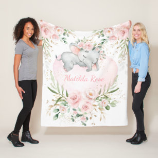 Couverture Polaire Dreamy Sweet Baby Elephant Girl Blush rose Floral