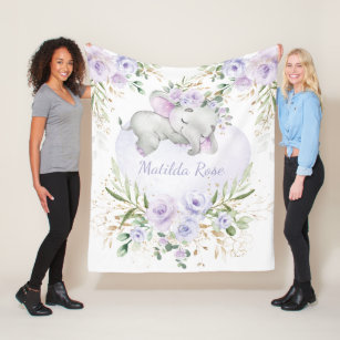 Couverture Polaire Dreamy Sweet Baby Elephant Girl Lavender Floral